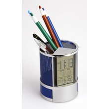 Подставка под ручки с часами, датой, термометром и двумя выдвижными отде- лениями для канцелярских принадлежностей, синяя Увеличить...