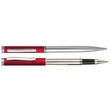 Набор 'Кеннеди': ручка шариковая, ручка роллер в футляре, серебристый/красный Увеличить...